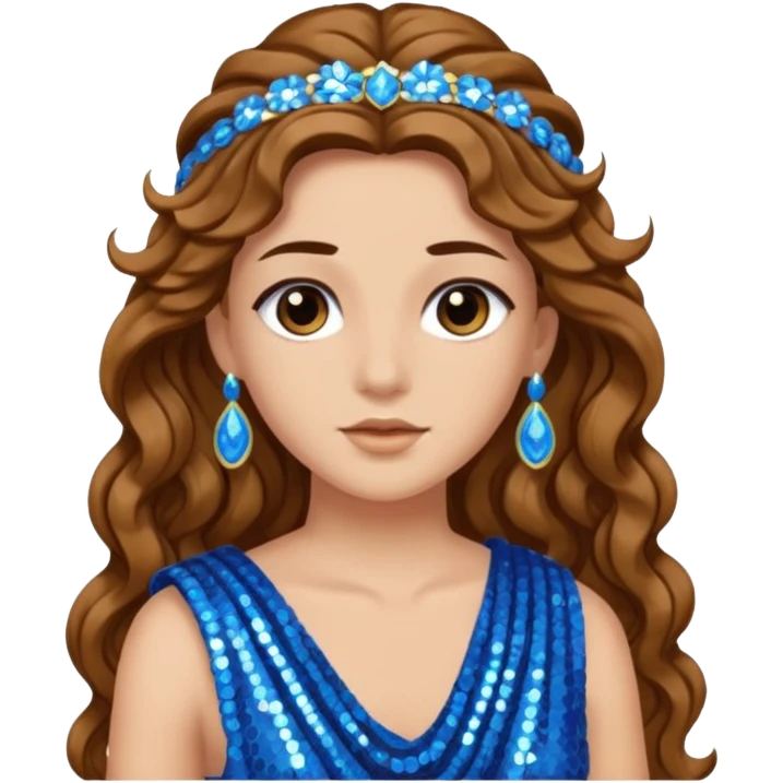 Hera from Greek Gods with long brown wavy hair, blue sequin toga emoji