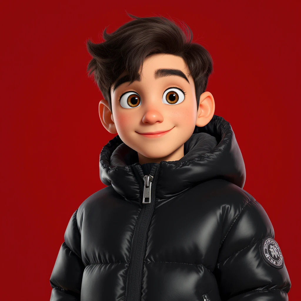 3d disney pixar character, young 18yo boy with dark brown hair, and a shiny black puffer balenciaga design jacket, brave smiling. The background is a solid red color emoji