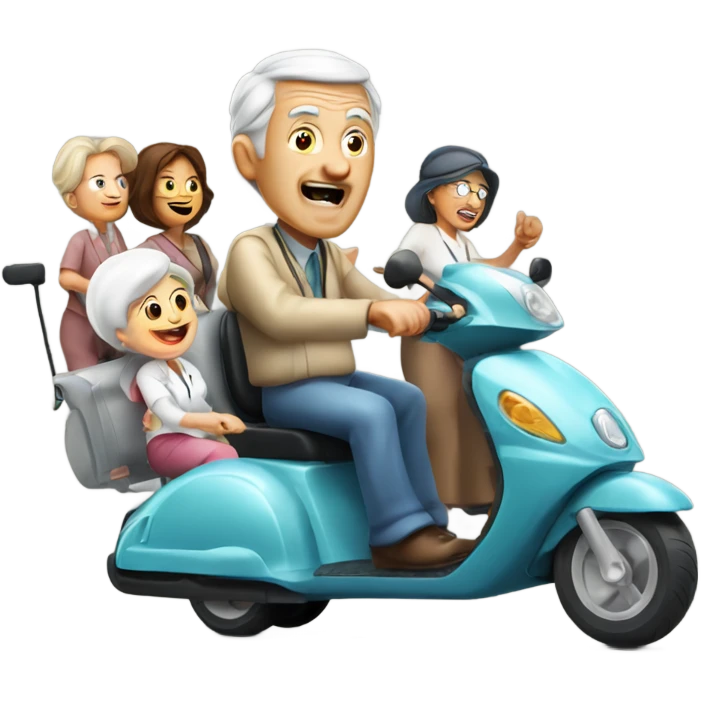 Old man riding a medical scooter chased by a group of women emoji