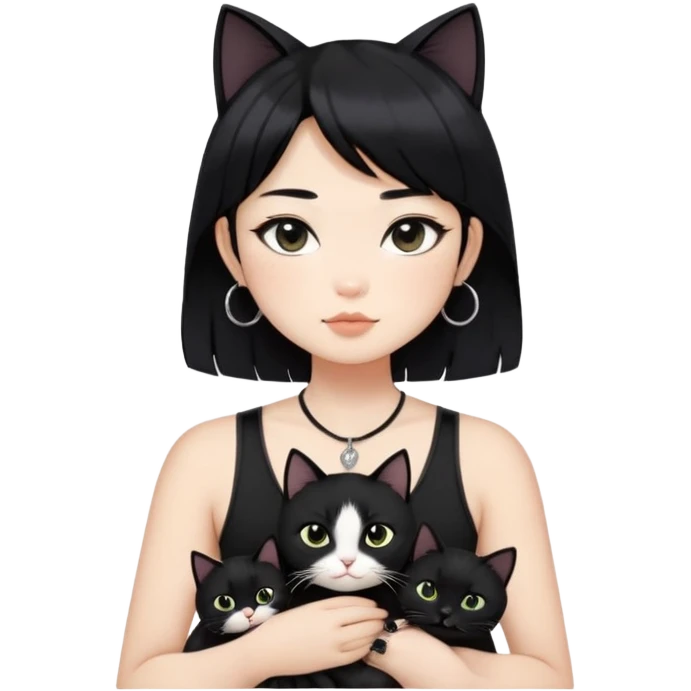 Asian cool girl, black hair, slightly longer than shoulder.  Holding two BLACK cats. one cat has a round fat face, the other one has a slightly slimmer face. Both pure black.  The girl also wearing a black singlet, a black chocker, silver round hook earring, and wearing eyeliner.  emoji
