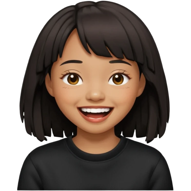 Asian girl in black fringed swearshirt, laughing emoji