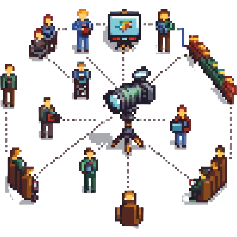 pixel art style illustration of a professional filmmaking network showing multiple cinema professionals (director, cameraman, sound engineer, editor, etc.) connected by lines or connection symbols, collaborative atmosphere, figurative style, large image emoji