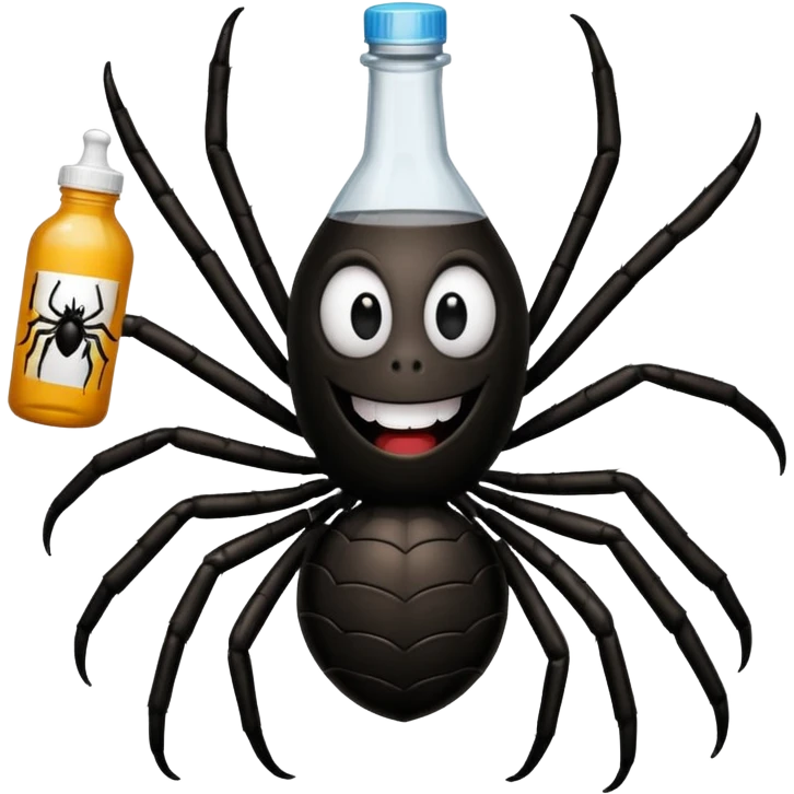 wesoły śmieszny pająk z butelka jadu i podpisem cześć emoji