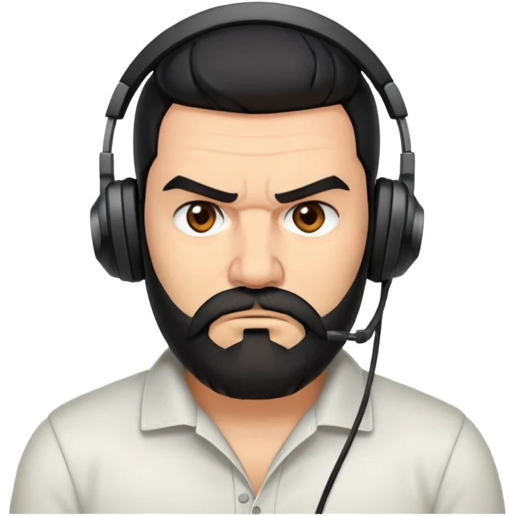 Furious man with furrowed brows, scowling face, black hair, brown eyes, black beard wearing a gaming headset emoji