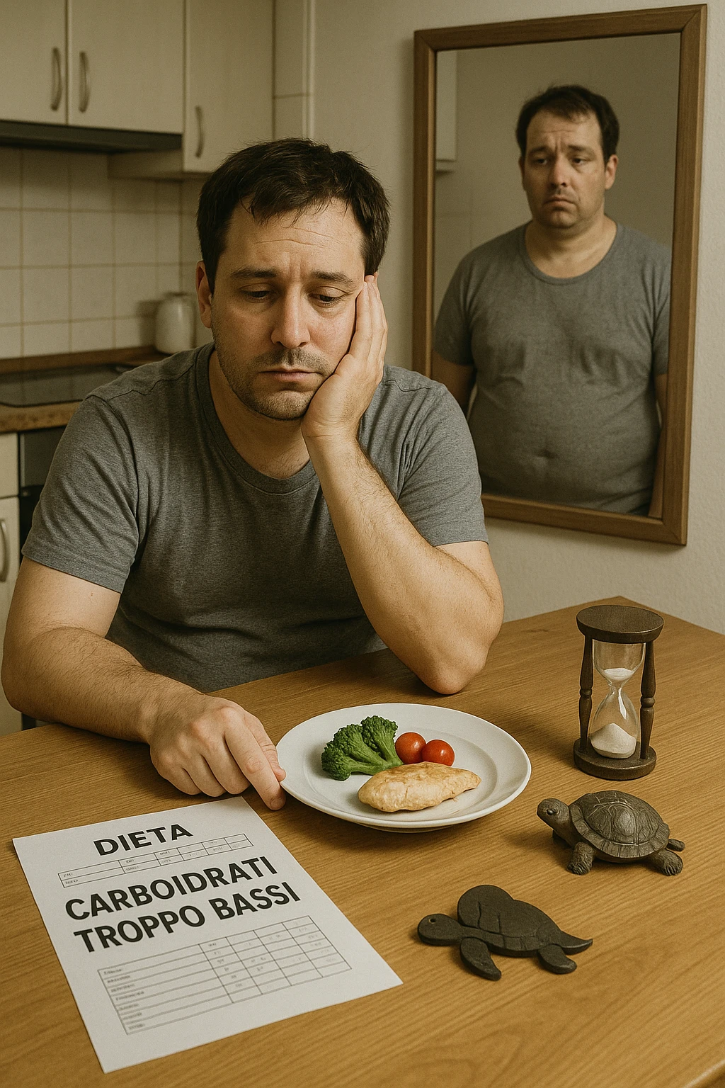 Uomo sui 35 anni in cucina, con espressione affaticata e spenta, guarda un piatto con pochissimi carboidrati (solo qualche verdura e proteine). Accanto a lui, fogli con una dieta rigida e una scritta visibile: 'Carboidrati troppo bassi'. Il suo corpo appare bloccato, senza definizione, con uno specchio alle spalle che riflette una figura stanca e senza progressi. Sul tavolo ci sono simboli che richiamano il metabolismo rallentato: una tartaruga, una clessidra ferma. emoji