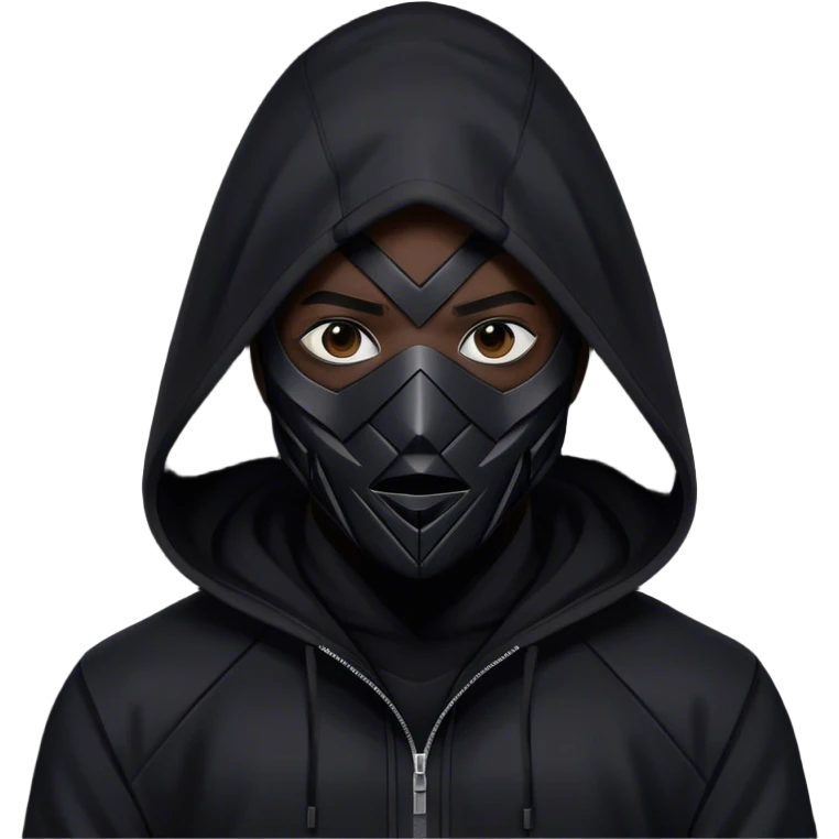 man with black hooded jacket and a full-black full-face geometric mask emoji
