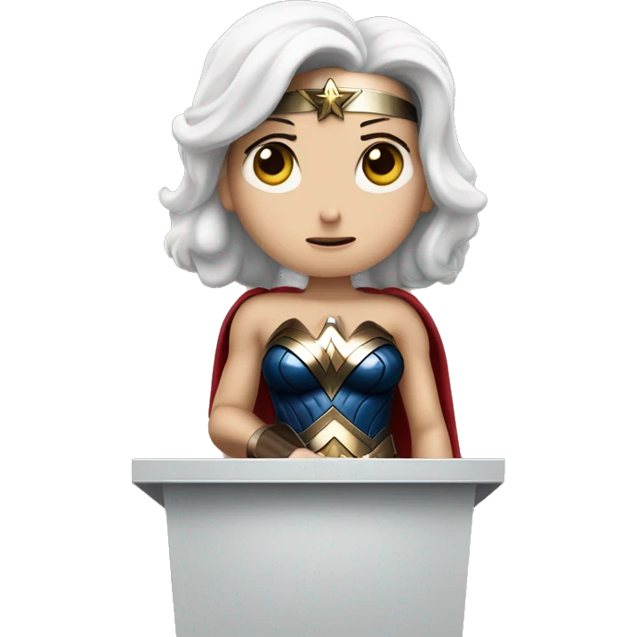 white skin wonder woman behind a podium giving a sad speech emoji