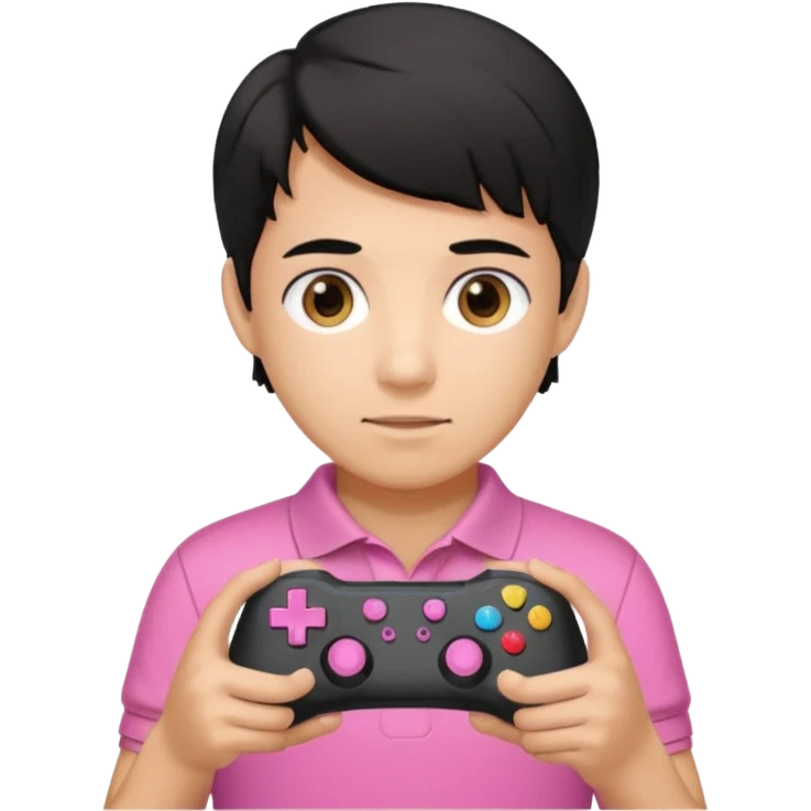 generate a pretty tan bratz boy with a pink polo. Holding a gaming controller in hand. Black hair emoji