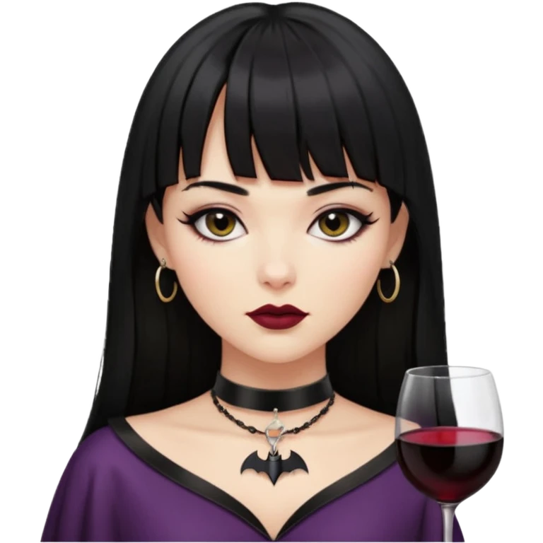 mulher cabelos pretos longos e lisos com uma franja curta acima dos olhos, olhos pretos com delineado, expressão séria, com um sorriso sensual e lábios cor de vinho, ela usa uma gargantilha preta com um pequeno pingente de morcego preto emoji