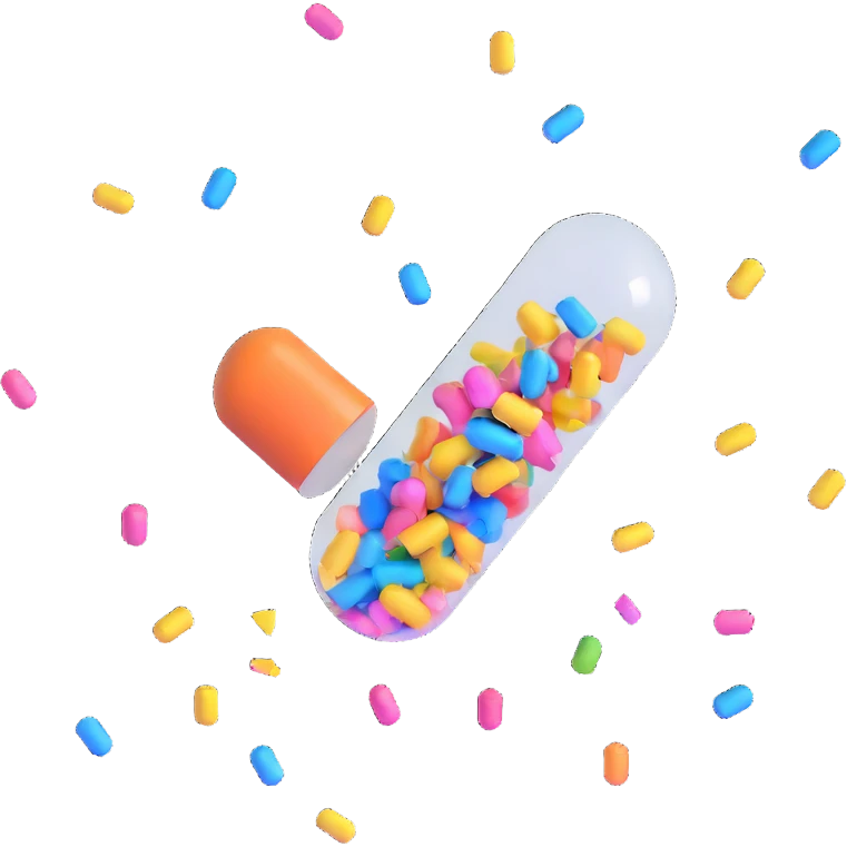Glossy orange and blue 3D capsule split in half with shiny multicolored confetti bursting out in a joyful explosion, confetti suspended mid-air, playful high-quality 3D style, floating capsule emoji