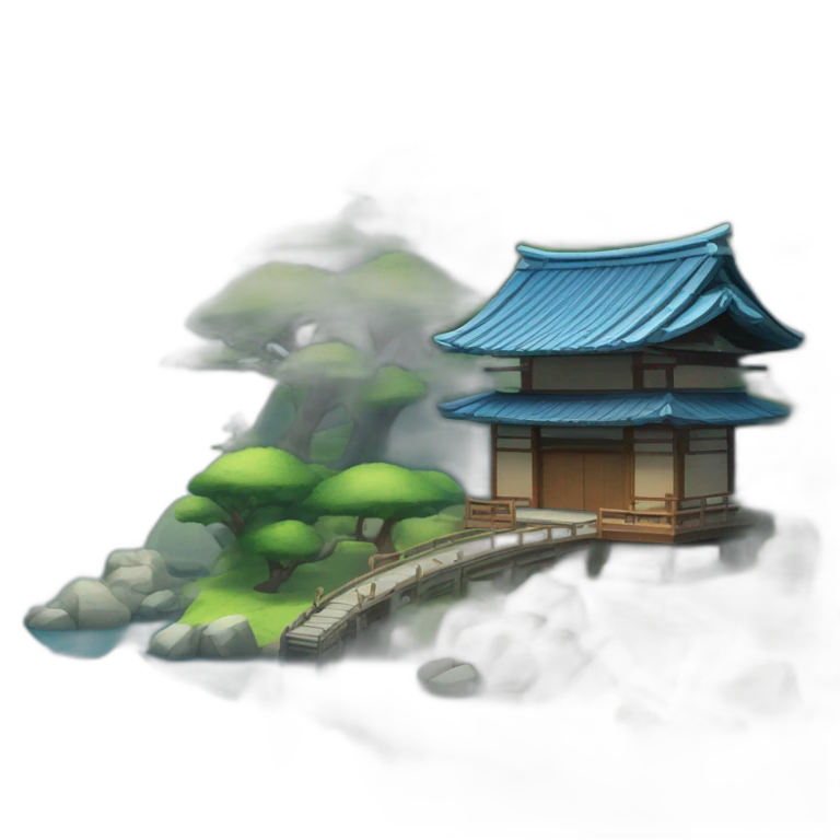 A lakeside island with a shinto gate and small Japanese house with a blue tiled roof emoji