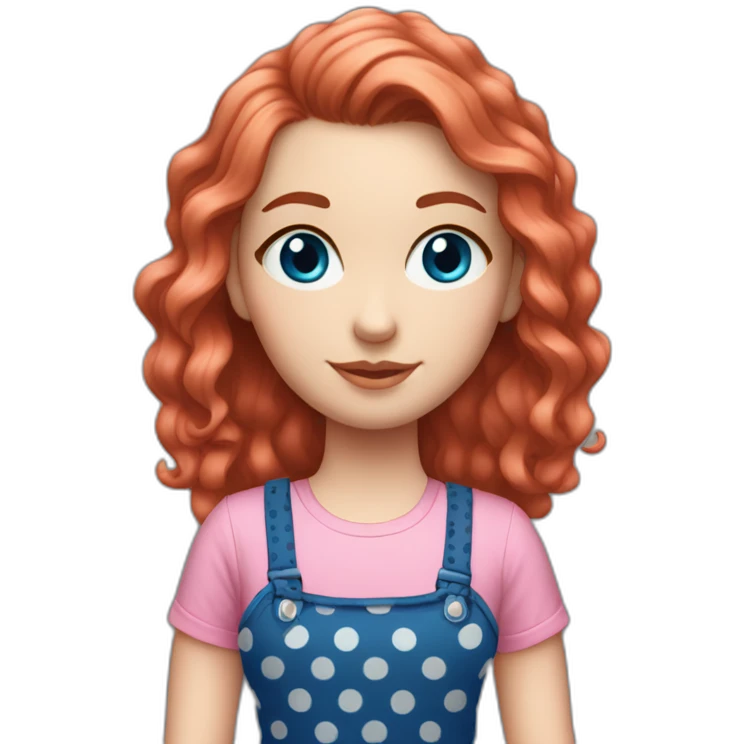 white girl with red wavy hair and blue eyes. she's wearing a black polka dots strap dress, with a pink t-shirt underneath. emoji