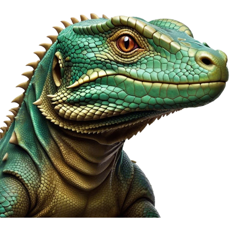 Cinematic Noble Komodo Dragon Lizard Portrait Emoji, Poised and regal, with a rugged, scaled body and powerful stance, deep-set intense eyes and textured, weathered skin, Simplified yet sharp and sophisticated features, highly detailed, glowing with a soft, ancient glow, high shine, intelligent and formidable, stylized with an air of primordial authority, focused and commanding, soft glowing outline, capturing the essence of a watchful and confident guardian that appears ready to stride out of the screen with timeless power! emoji