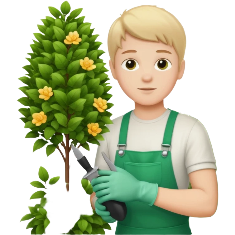 white kid trimming a decorative bush emoji