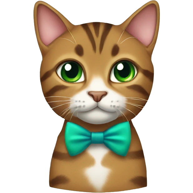A brown tabby cat with green eyes and a blue bowtie emoji