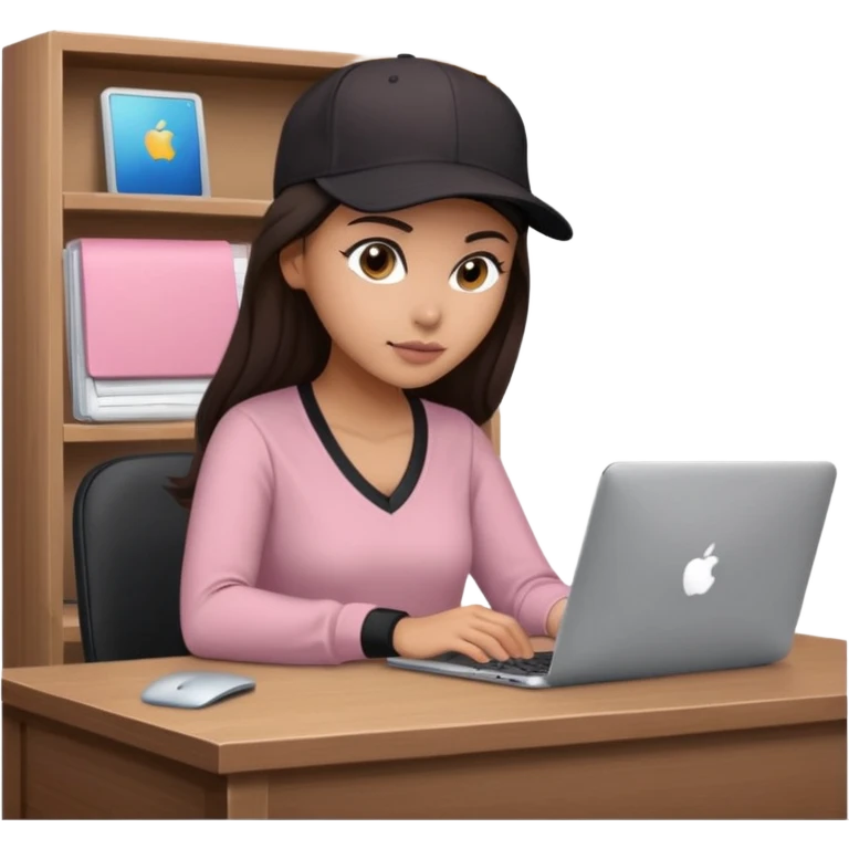 A professional 3D avatar of a young woman with olive skin and long, dark brown hair, wearing a dark, long-sleeved V-neck dusty pink shirt and a black baseball cap. She's sitting at a sleek wooden desk, typing and looking at a silver MacBook.  emoji