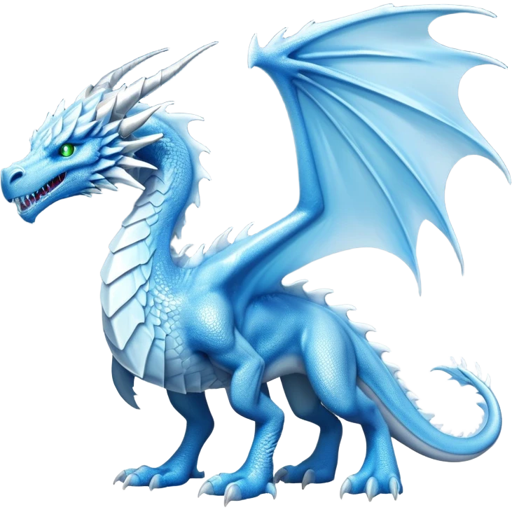 Cinematic Noble Fierce Ice Dragon full body Emoji, Poised and imposing, distinct long elegant snout, with a slender, scaled body shimmering in glacial hues of icy blue, frostbitten silver, and crystalline white, breathing out frost, with piercing, glowing eyes that radiate the chilling depths of an arctic storm; rendered in detail. displaying its wings emoji