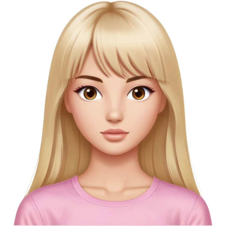 victoria’s secret model, very long straight blonde hair parted in the middle with bangs, almond-shaped brown eyes, brown eyebrows, oval face, soft pink top emoji