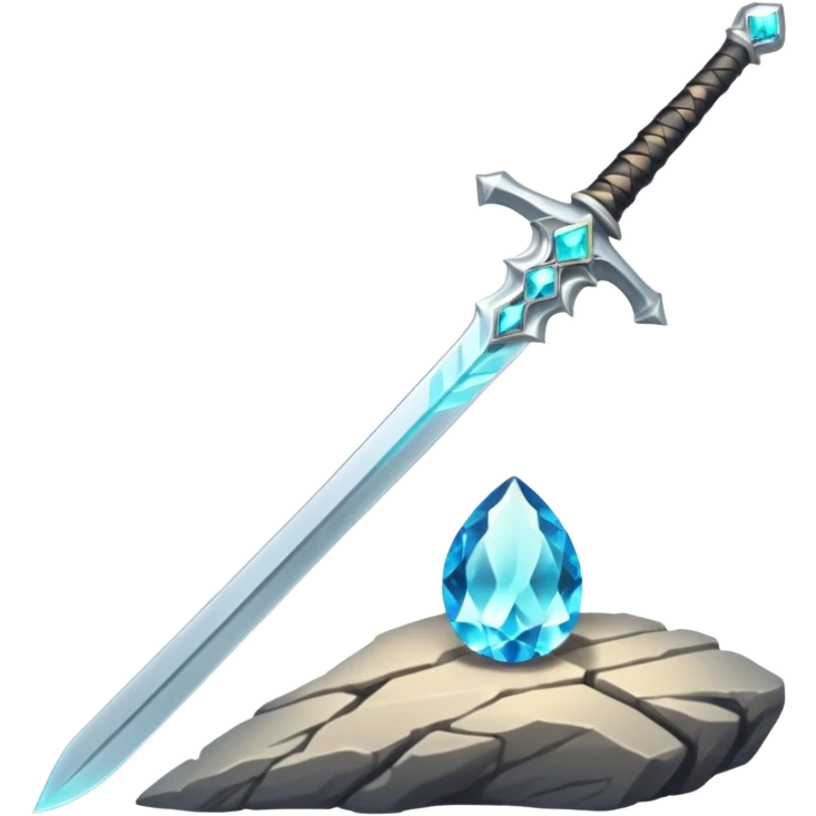 Shining silver sword with jeweled hilt, stuck in a stone, glowing aura.  emoji