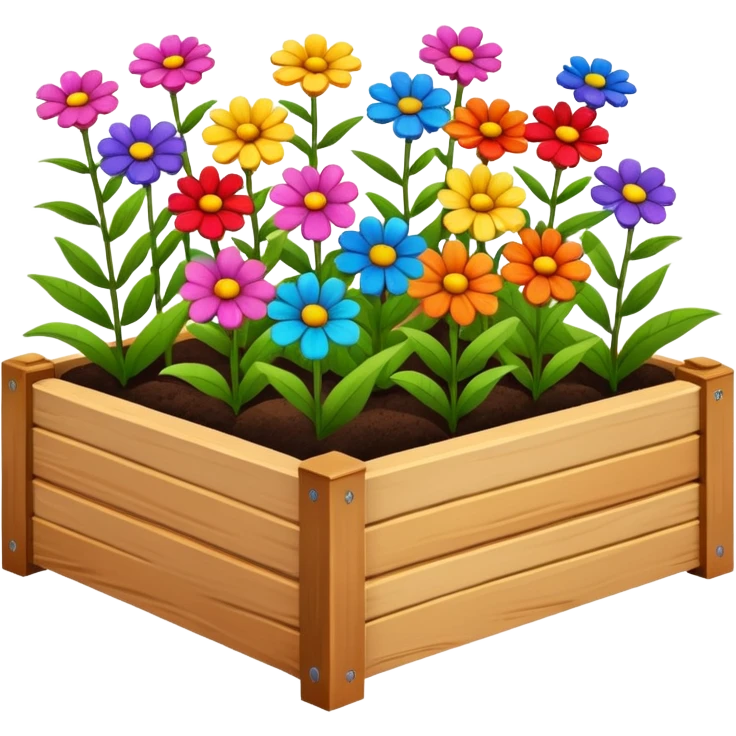wooden raised bed with a few flowers emoji