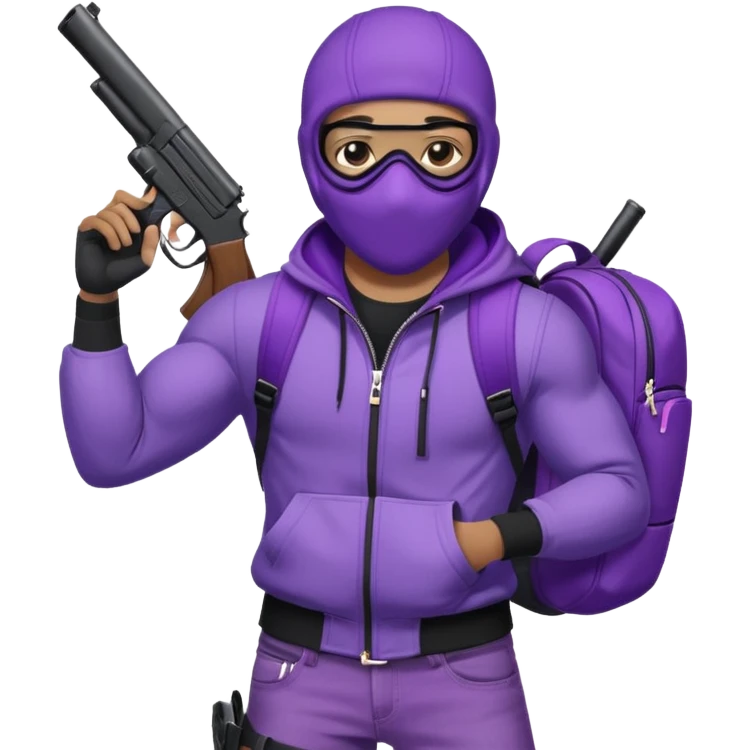 YN wearing a ski mask, holding a gun, purple jeans, Sprayground bookbag, confident stance emoji