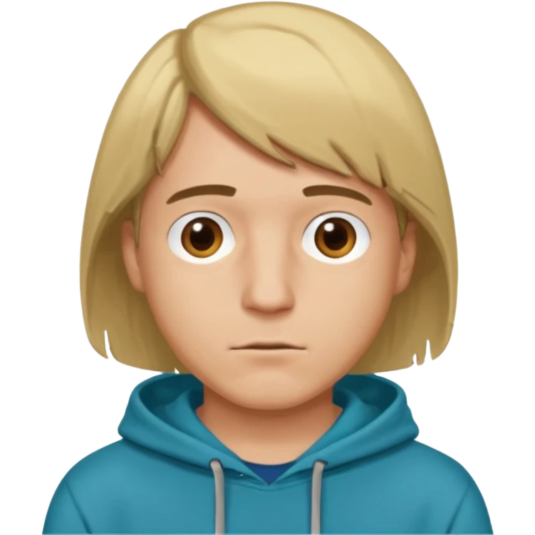 Dirty blonde guy with brown eyes dark aqua blue hoodie and hair with the shape of a bob cut emoji