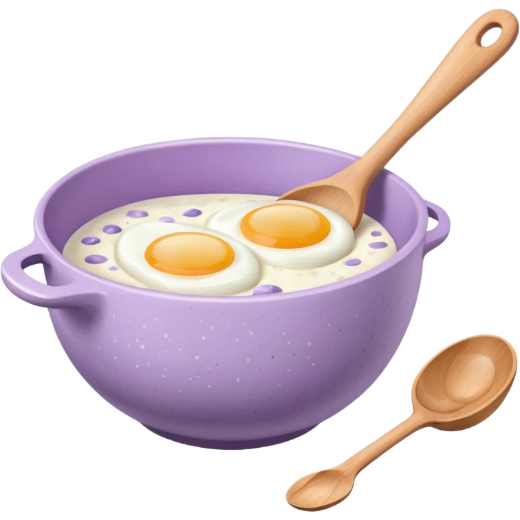 a lilac ceramic mixing bowl with a wooden spoon stirring and sitting next to it is a few eggs emoji