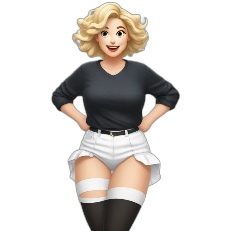 full body caucasian curvy beauty jumping short black skirt back and front views strong wind white knickers long white socks emoji