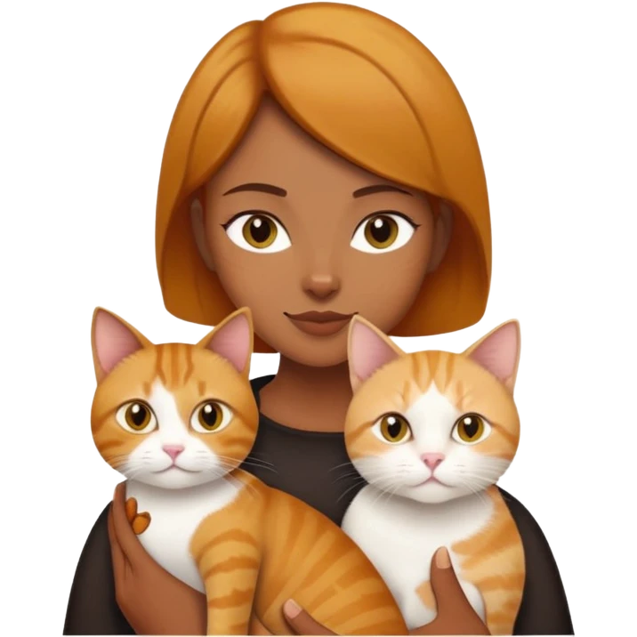 Straight short hair ear length in dark brown , skin tone honey . holding one ginger cat and one yellow white cat same size  emoji