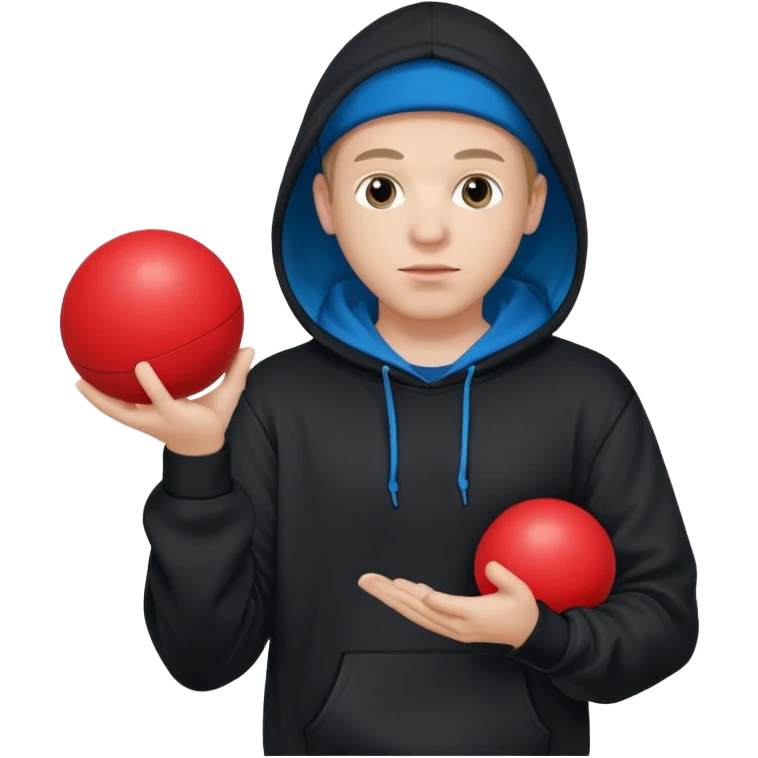 white rapper in a hoodie holding a blue ball in left hand and a red ball in right hand emoji