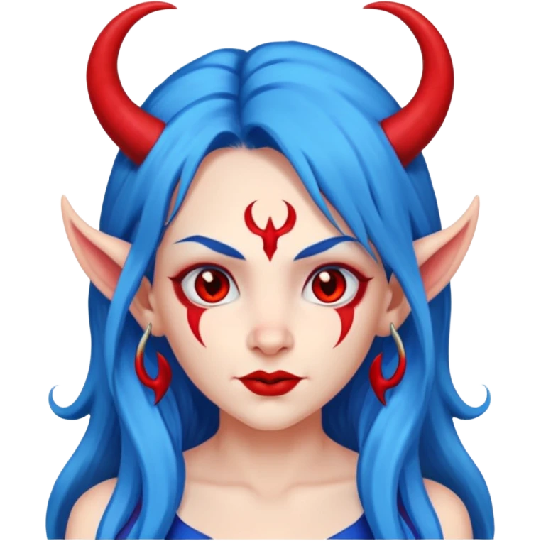 Female devil with long blue hair and horns,  cute face, half body emoji