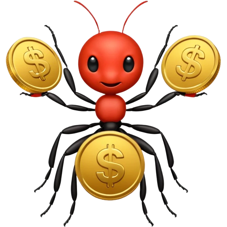 Red ant cartoon style with black shiny round with gold coins  emoji