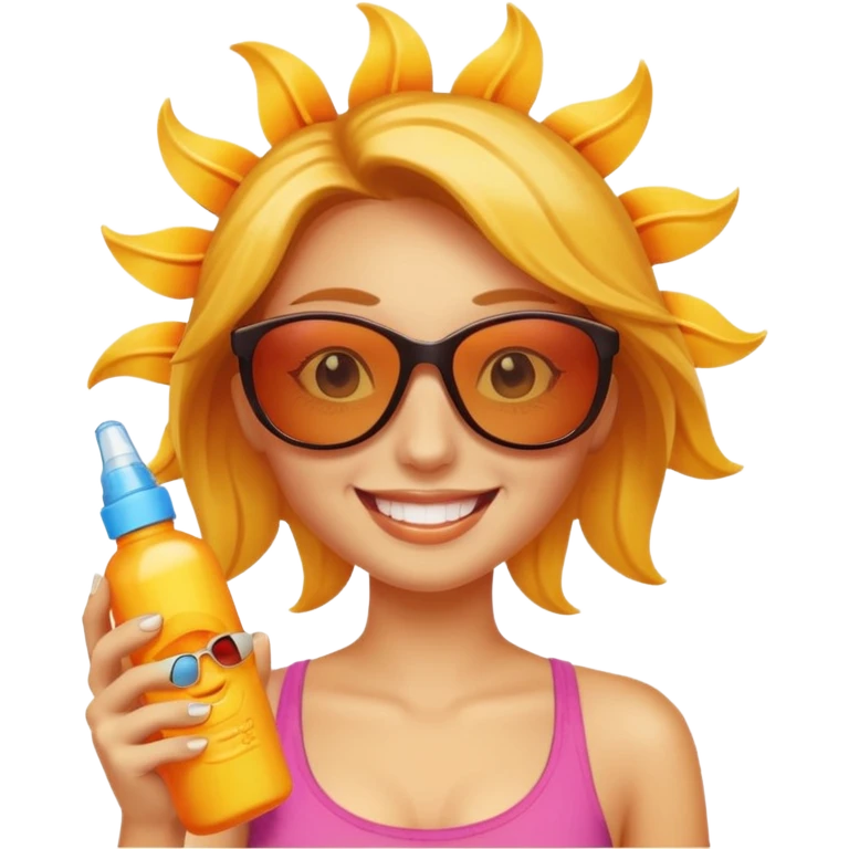 female with suncream bottle and sunglasses, with sun burned emoji