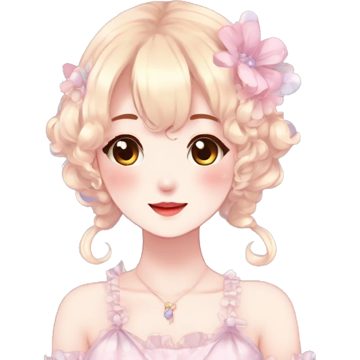 Gorgeous anime style lady with blushing face and accessories cottagecore fairycore Kawaii anime colorful pearly romantic aesthetic trending style emoji