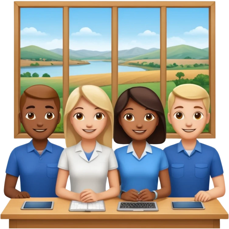 Employees of a startup company with a countryside view outside the window emoji