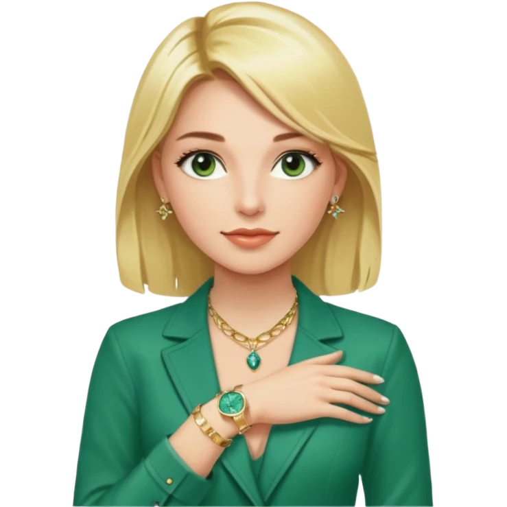 Breitling green faced watch on blonde girl wrist with gold necklace from a Tiffany and gold bracelets emoji