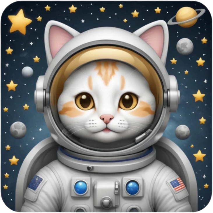 astronaut cat emoji, highly detailed, looks too good, fond of space and astronomy, wearing a space suit, floating among stars, expressive and charming emoji
