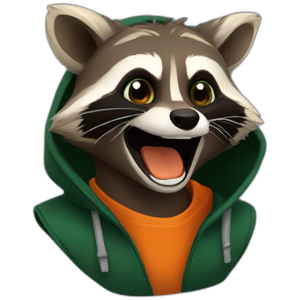brown raccoon with orange eyes and a dark green hood that is laughing emoji