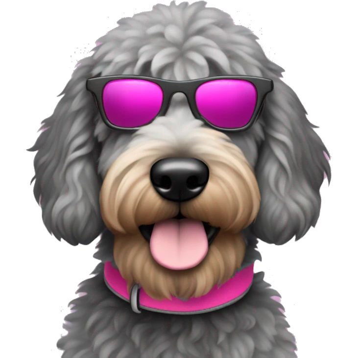 Grey and black golden doodle with pink collar and sunglasses emoji