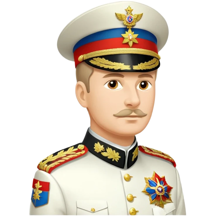 Russian military general in formal uniform with medals and epaulettes, turned slightly to the left, military hat, profile view emoji