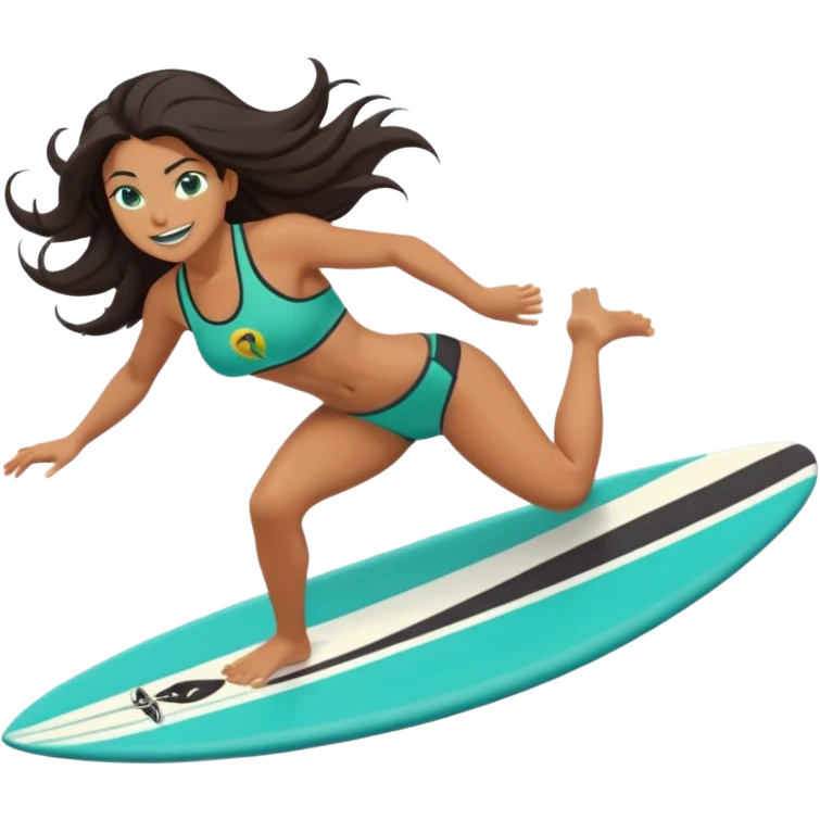 rk female surfer riding big turquoise wave, muscular green body, fierce tusked grin, sporty bikini top and board shorts, long windswept dark hair, focused eyes, surfboard under feet, minimal ocean and sky background, centered emoji, vibrant summer colors, sticker style emoji