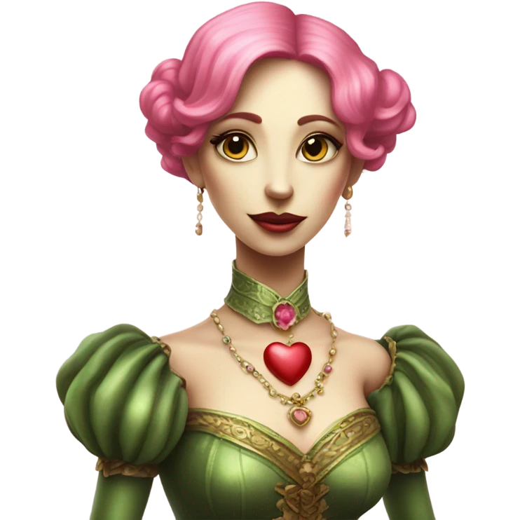 a green amazon alien woman in Victorian white gold, pink hair full body,holdig red big hearth emoji