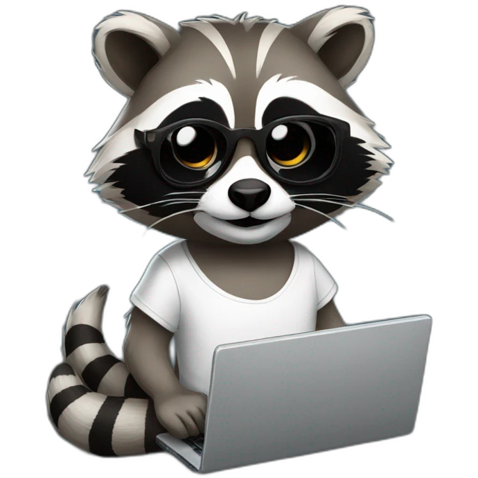 racoon wearing square glasses and white tee working on a black laptop emoji