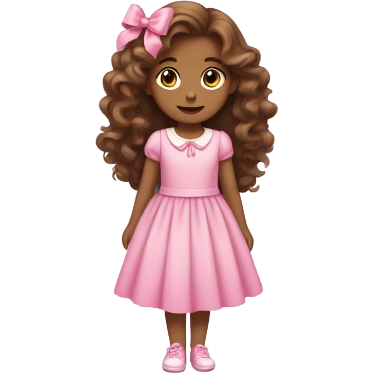 a girl with long brown wavy hair with pink bows, a cute dress, and nice shoes  emoji
