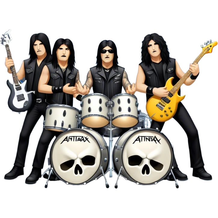 Icon for Heavy Metal: Anthrax live concert with Charlie Benante on drums, Joey Belladonna on vocals, Frank Bello on bass, Jonathan Donais and Scott Ian on guitars. The intense energy of the band is captured with instruments and stage lighting. Transparent background. emoji