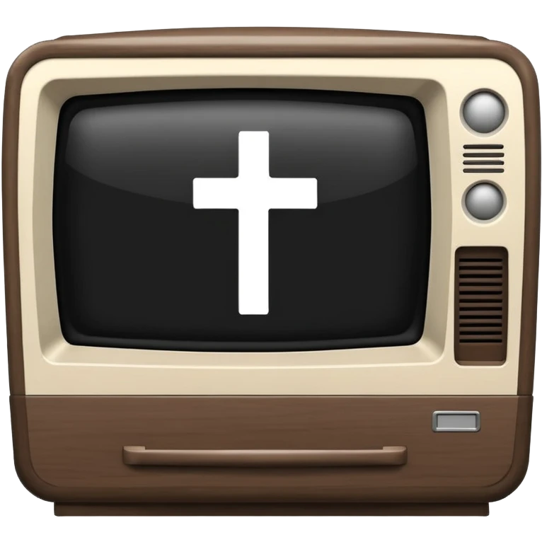 Minimalist emoji-style sticker of a CRT TV in the shape of a coffin, with a cross or static noise on the screen. Desaturated design.  emoji