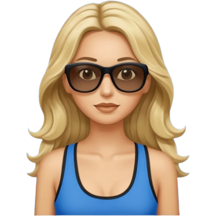 an olive tan woman with long, wavy blonde hair in a blue tank top wearing skinny black rectangular sunglasses emoji