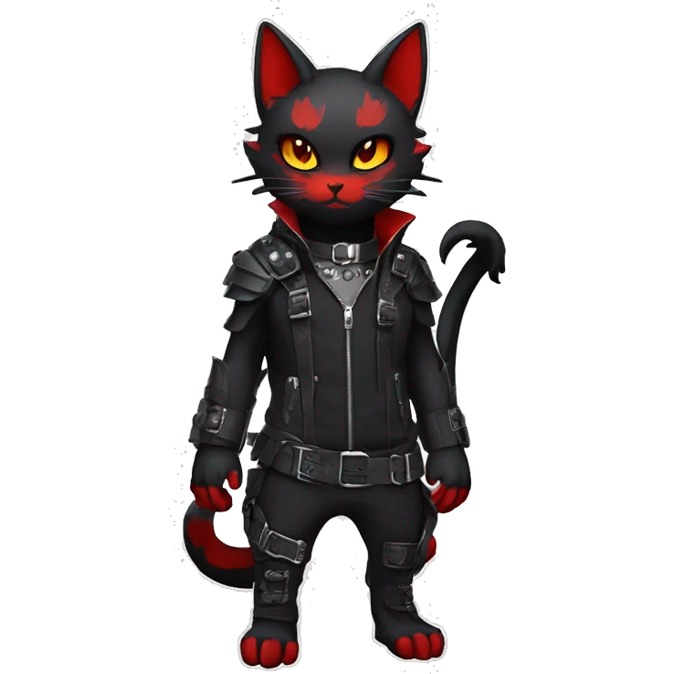 Anthro cool edgy elegant pretty black punk techwear red fantasy nargacuga-bat-cat-Fakemon collar harness warrior full body emoji