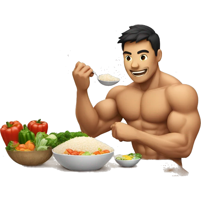 muscular man eating rice, meat and vegetables emoji