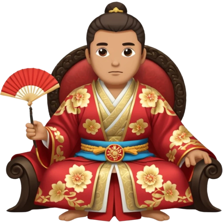 Wealthy warlord in ornate kimono, crest on chest, seated with fan in hand. emoji